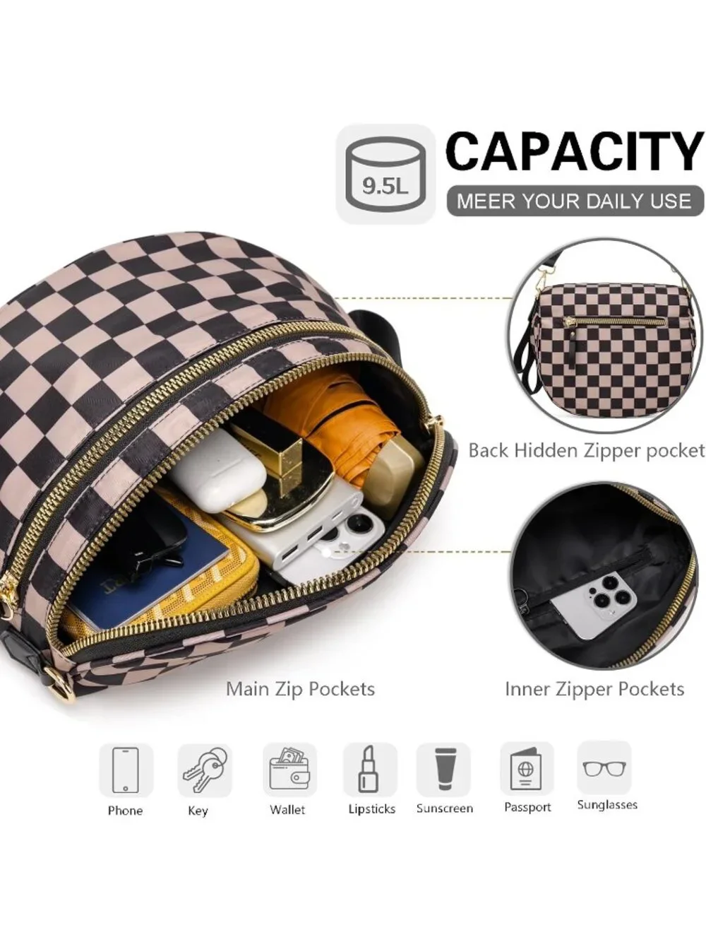 Women's Khaki Spacious Checkered Double-Zipper Compartment Fashion Crossbody Bag - Picture 4 of 6